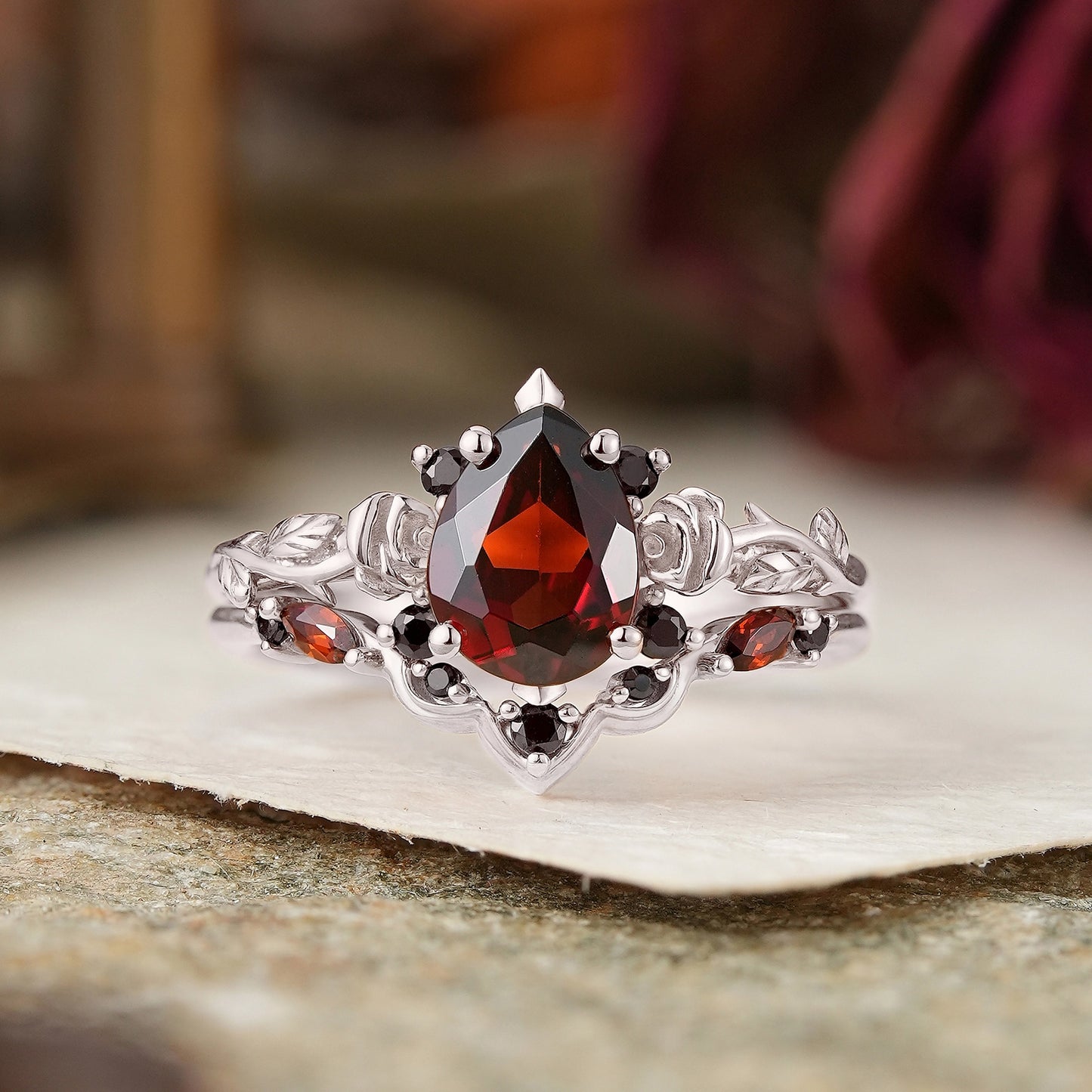 Gothic Pear Cut Garnet And Black Onyx Rose Inspired Bridal Ring Set - Flora