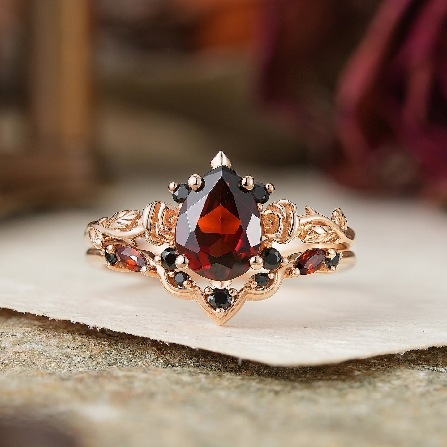 Gothic Pear Cut Garnet And Black Onyx Rose Inspired Bridal Ring Set - Flora