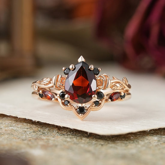 Gothic Pear Cut Garnet And Black Onyx Rose Inspired Bridal Ring Set - Flora