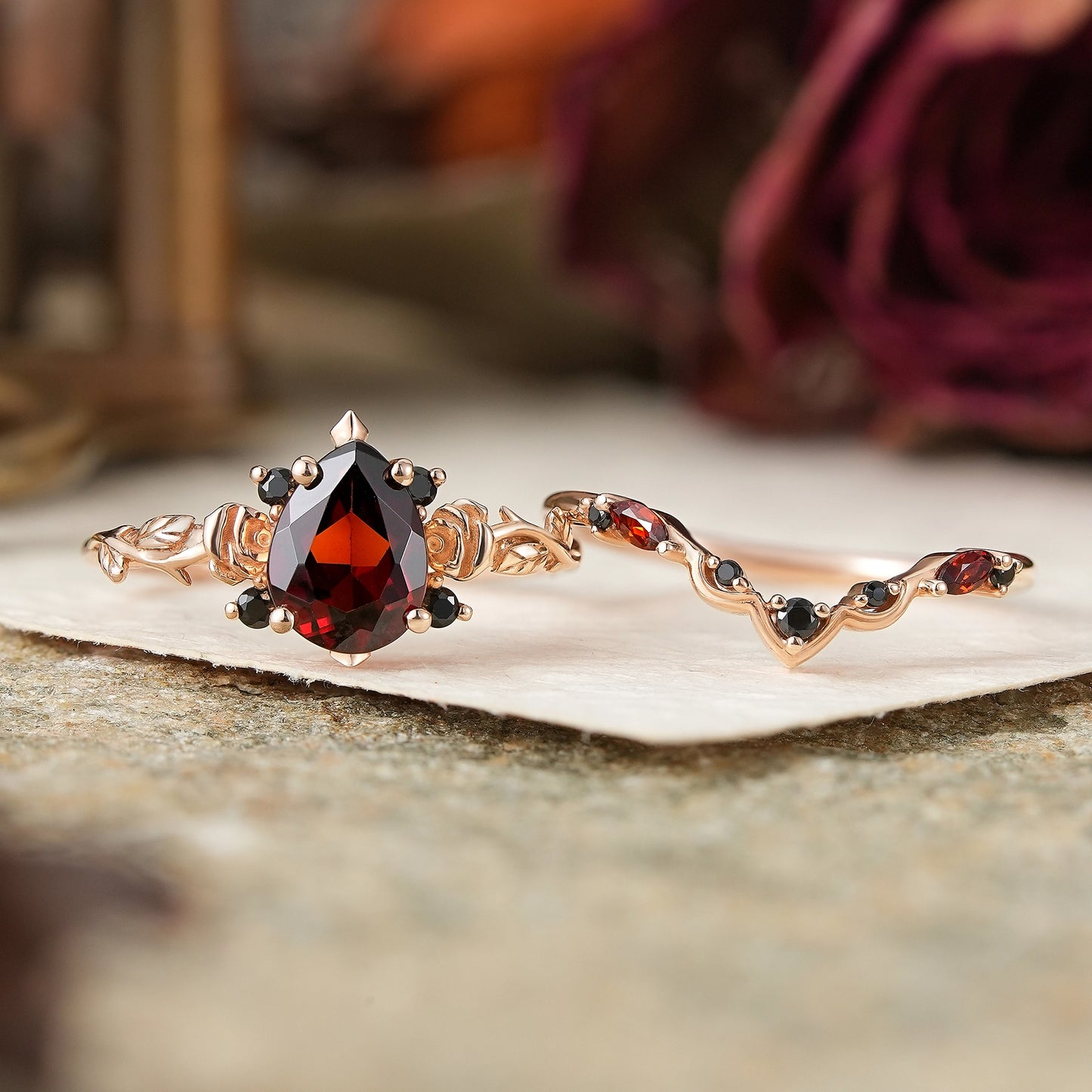 Gothic Pear Cut Garnet And Black Onyx Rose Inspired Bridal Ring Set - Flora