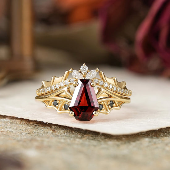 Gothic Coffin Cut Garnet And Black Onyx Bat Wing Inspired Bridal Ring Set - Morwenna