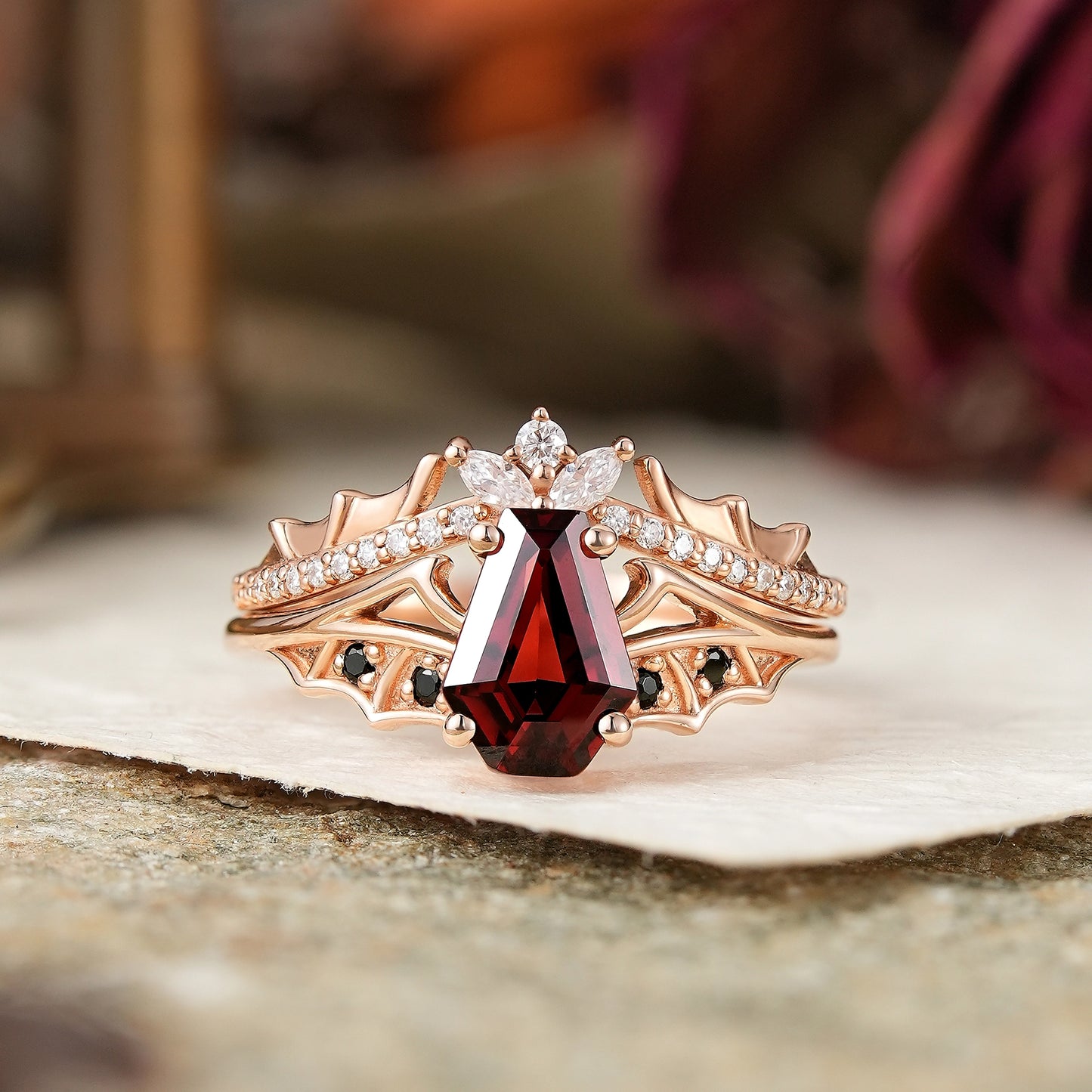 Gothic Coffin Cut Garnet And Black Onyx Bat Wing Inspired Bridal Ring Set - Morwenna