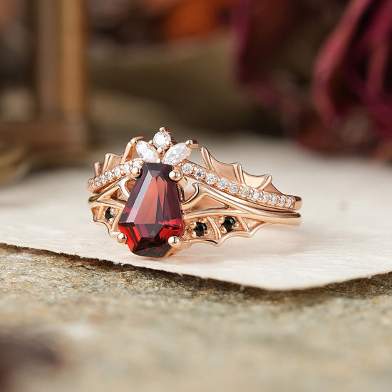 Gothic Coffin Cut Garnet And Black Onyx Bat Wing Inspired Bridal Ring Set - Morwenna