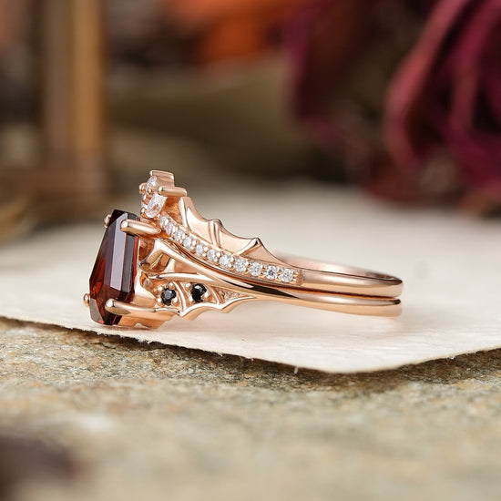 Gothic Coffin Cut Garnet And Black Onyx Bat Wing Inspired Bridal Ring Set - Morwenna