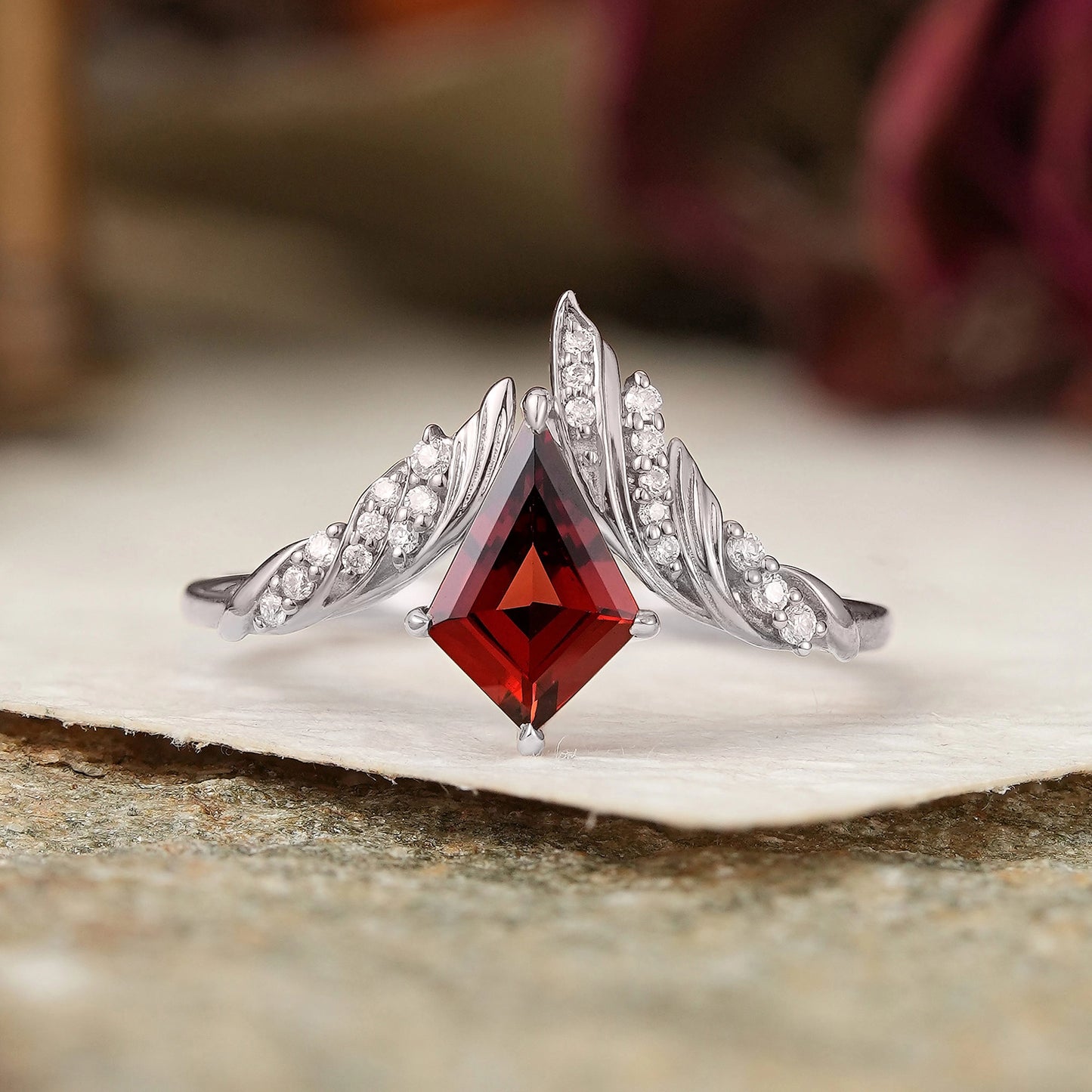 Unique Kite Cut Garnet Engagement Ring Nature Inspired Ring
