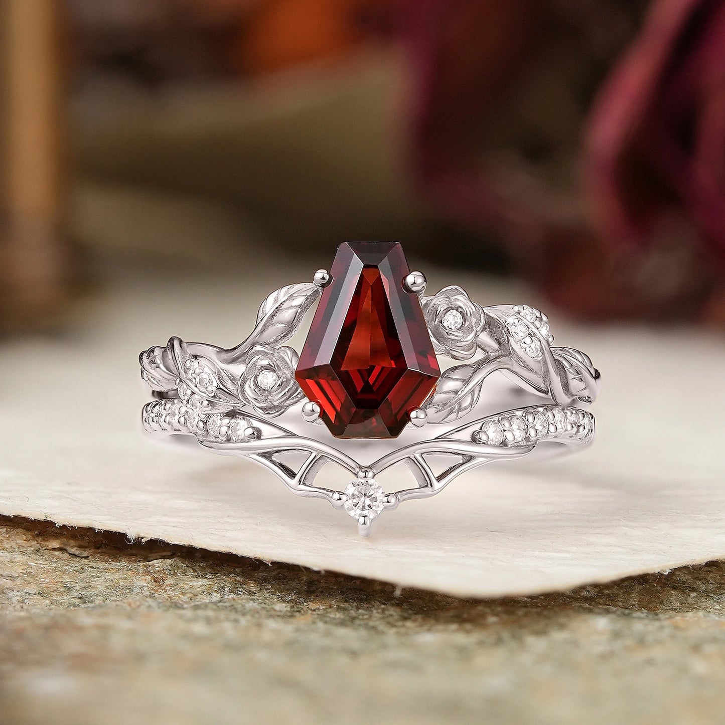 Unique Coffin Cut Garnet Nature Inspired Bat Wing Bridal Ring Set - GemsMagic