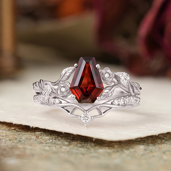 Unique Coffin Cut Garnet Nature Inspired Bat Wing Bridal Ring Set - GemsMagic