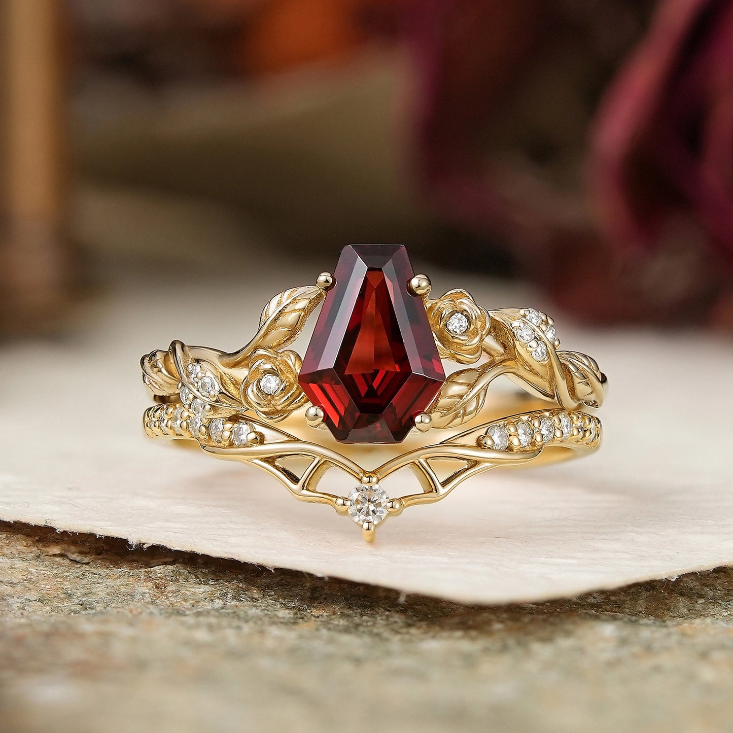 Unique Coffin Cut Garnet Nature Inspired Bat Wing Bridal Ring Set - GemsMagic
