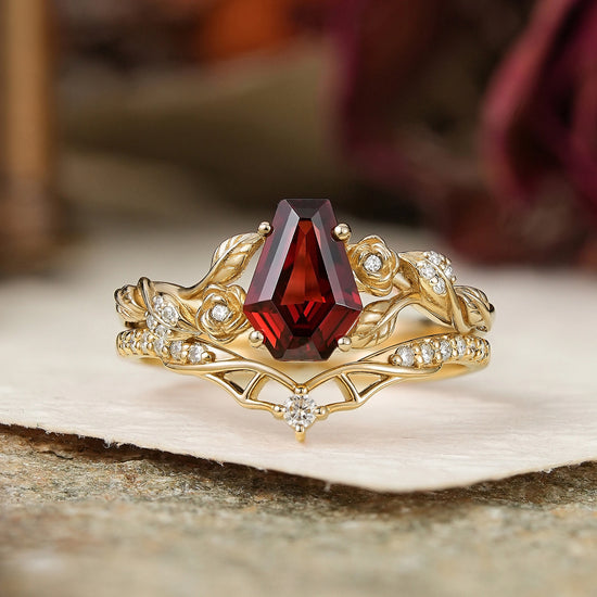 Unique Coffin Cut Garnet Nature Inspired Bat Wing Bridal Ring Set - GemsMagic