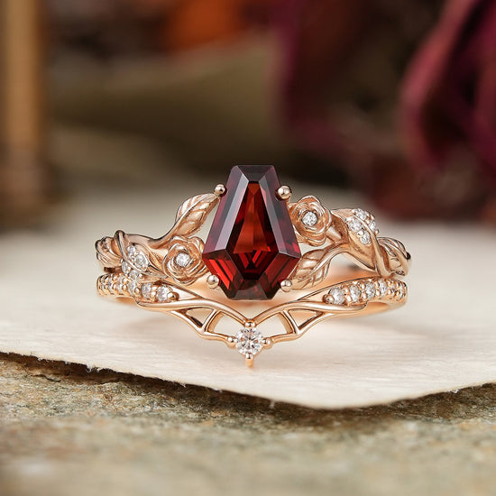 Unique Coffin Cut Garnet Nature Inspired Bat Wing Bridal Ring Set - GemsMagic