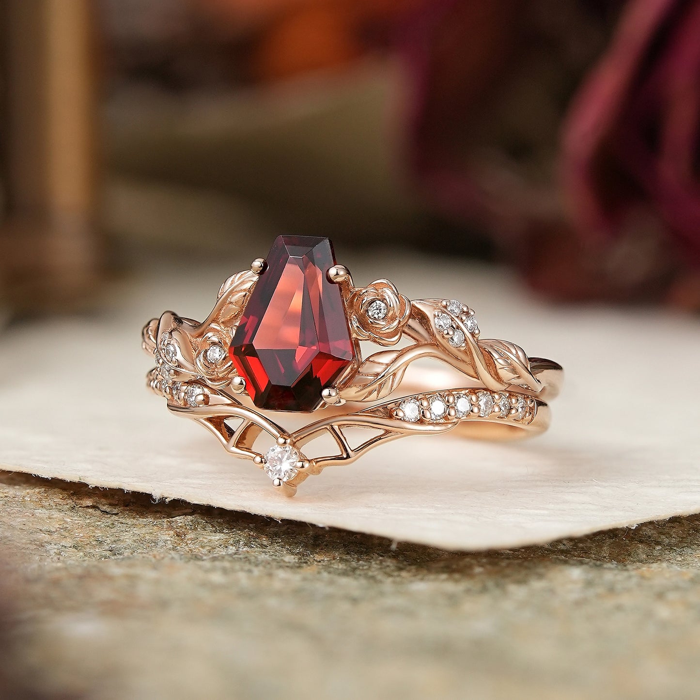 Unique Coffin Cut Garnet Nature Inspired Bat Wing Bridal Ring Set - GemsMagic