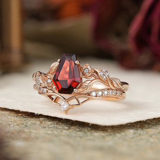 Unique Coffin Cut Garnet Nature Inspired Bat Wing Bridal Ring Set - GemsMagic