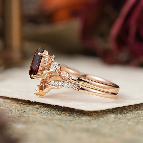 Unique Coffin Cut Garnet Nature Inspired Bat Wing Bridal Ring Set - GemsMagic
