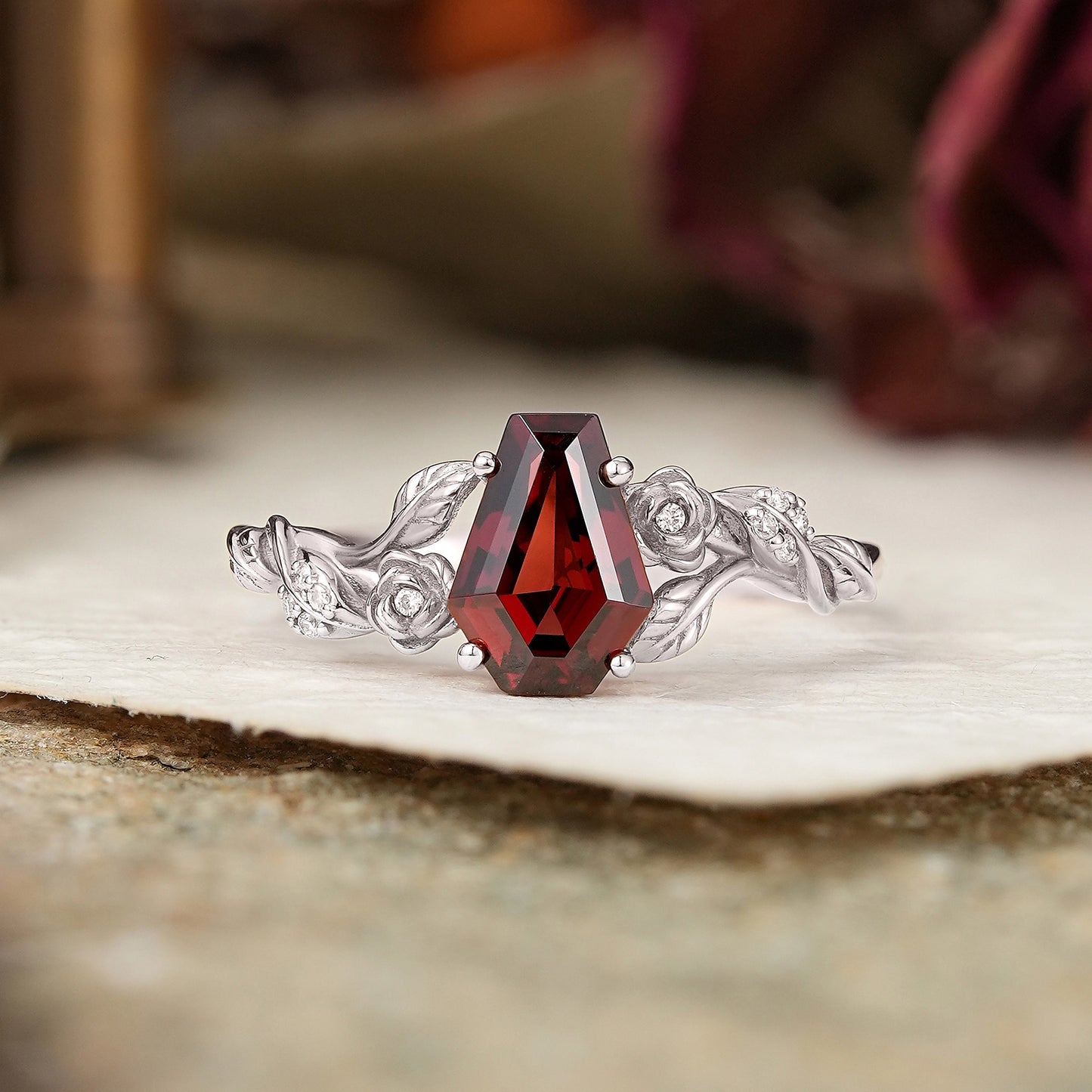 Coffin Cut Garnet Leaf And Flower Inspired Engagement Ring - GemsMagic