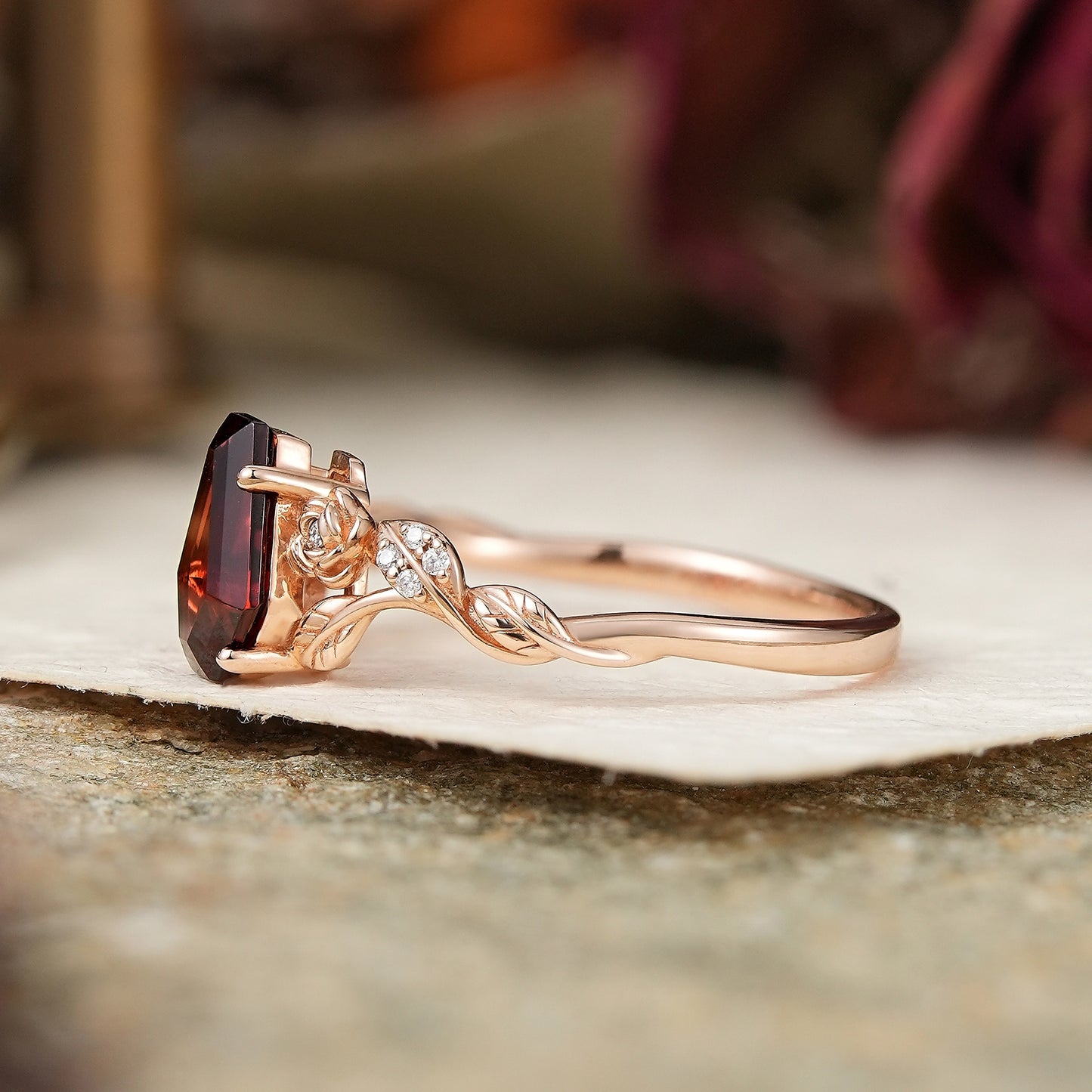 Coffin Cut Garnet Leaf And Flower Inspired Engagement Ring - GemsMagic