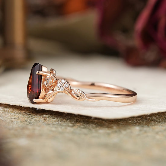Coffin Cut Garnet Leaf And Flower Inspired Engagement Ring - GemsMagic