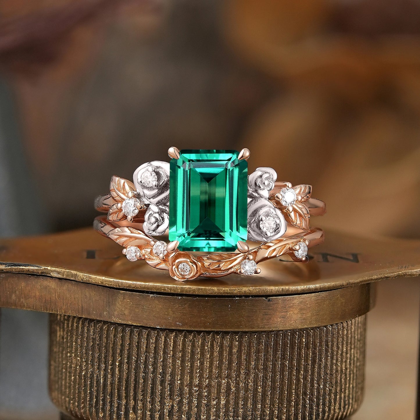 Emerald Nature Inspired Bridal Ring Set Mixed Metal Rose Blossom Wedding Ring Set