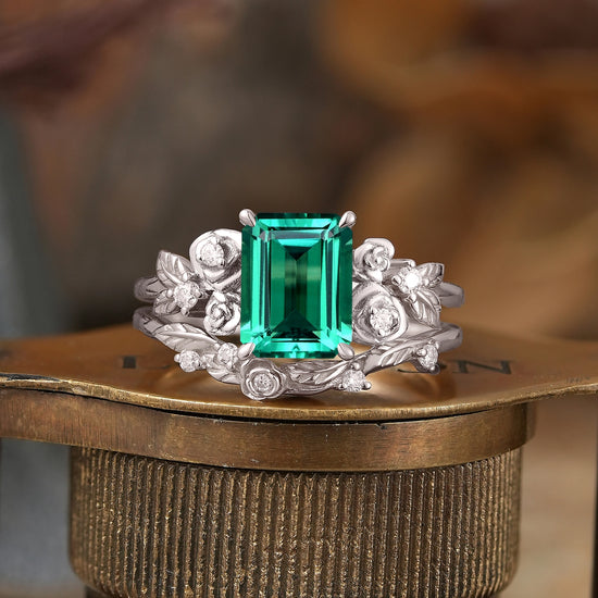 Emerald Nature Inspired Bridal Ring Set Mixed Metal Rose Blossom Wedding Ring Set