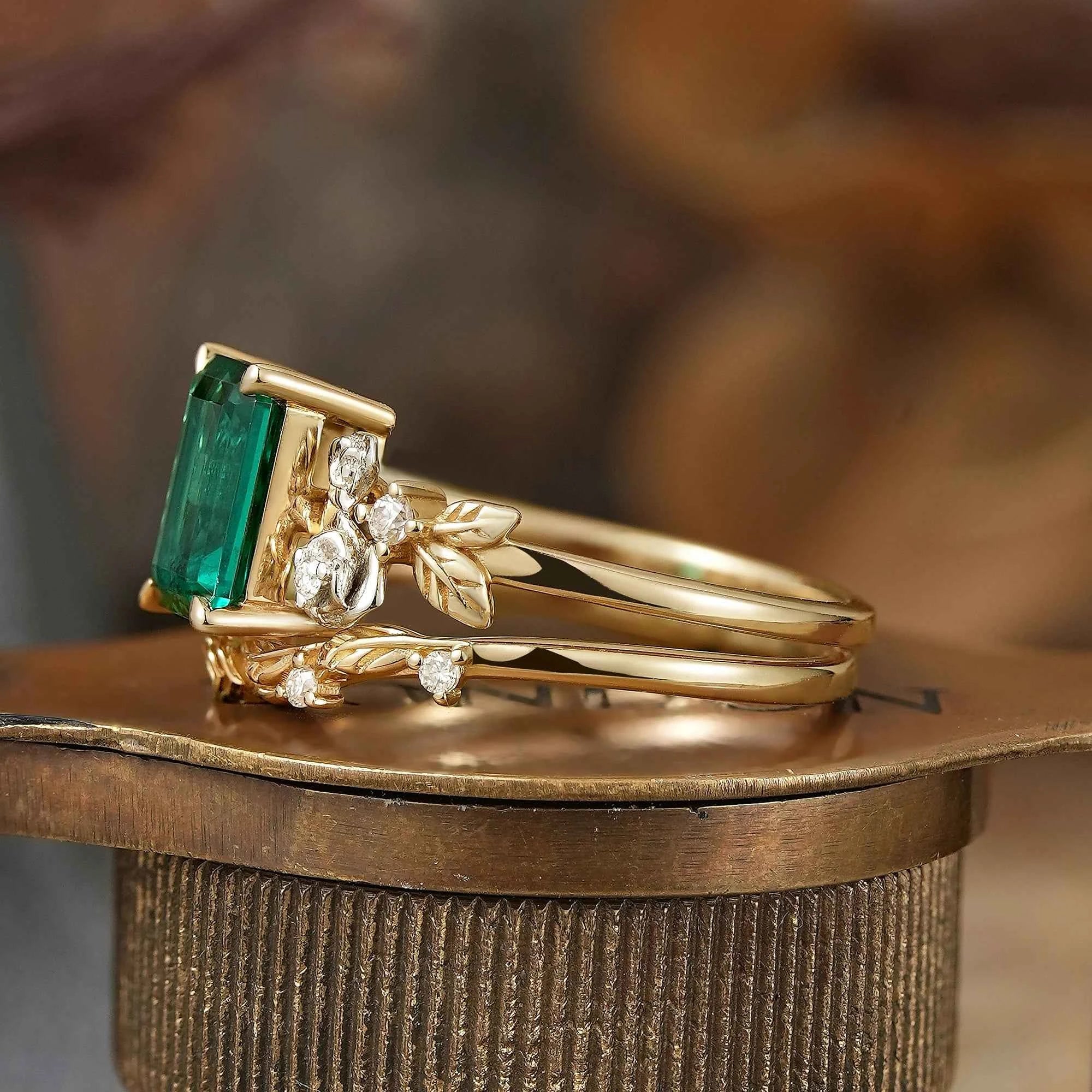 Emerald Nature Inspired Bridal Ring Set Mixed Metal Rose Blossom Wedding Ring Set