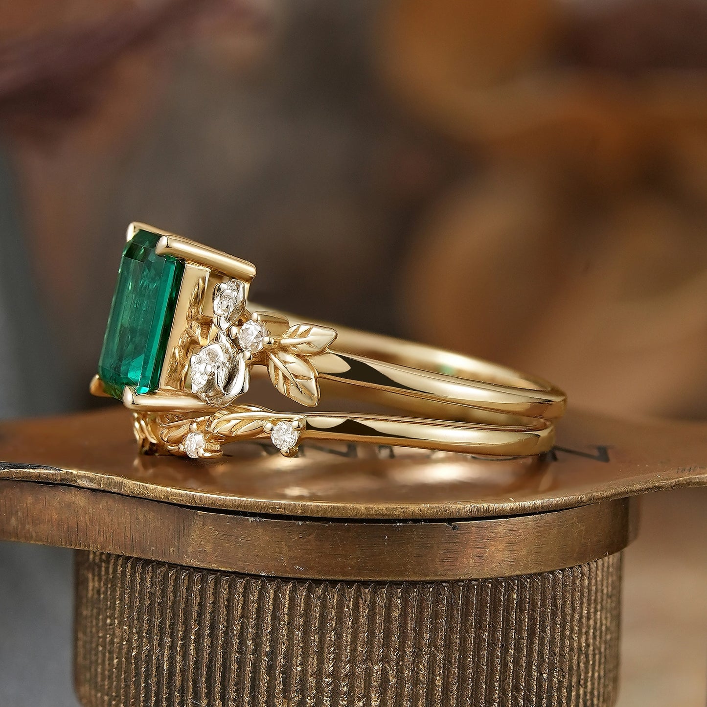 Emerald Nature Inspired Bridal Ring Set Mixed Metal Rose Blossom Wedding Ring Set