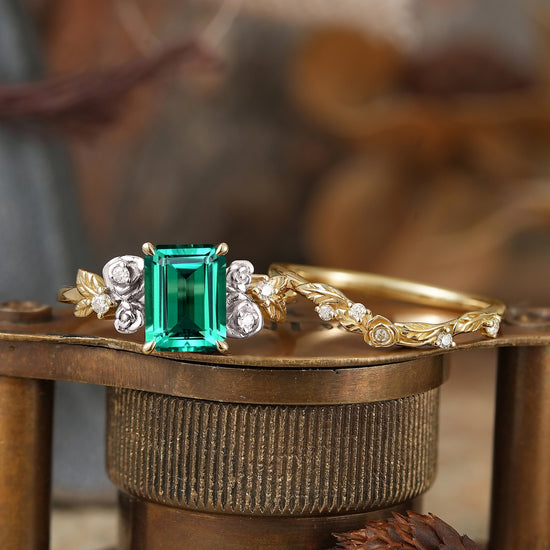 Emerald Nature Inspired Bridal Ring Set Mixed Metal Rose Blossom Wedding Ring Set