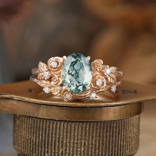 Oval Cut Moss Agate Rose Blossom Inspired Bridal Ring Set
