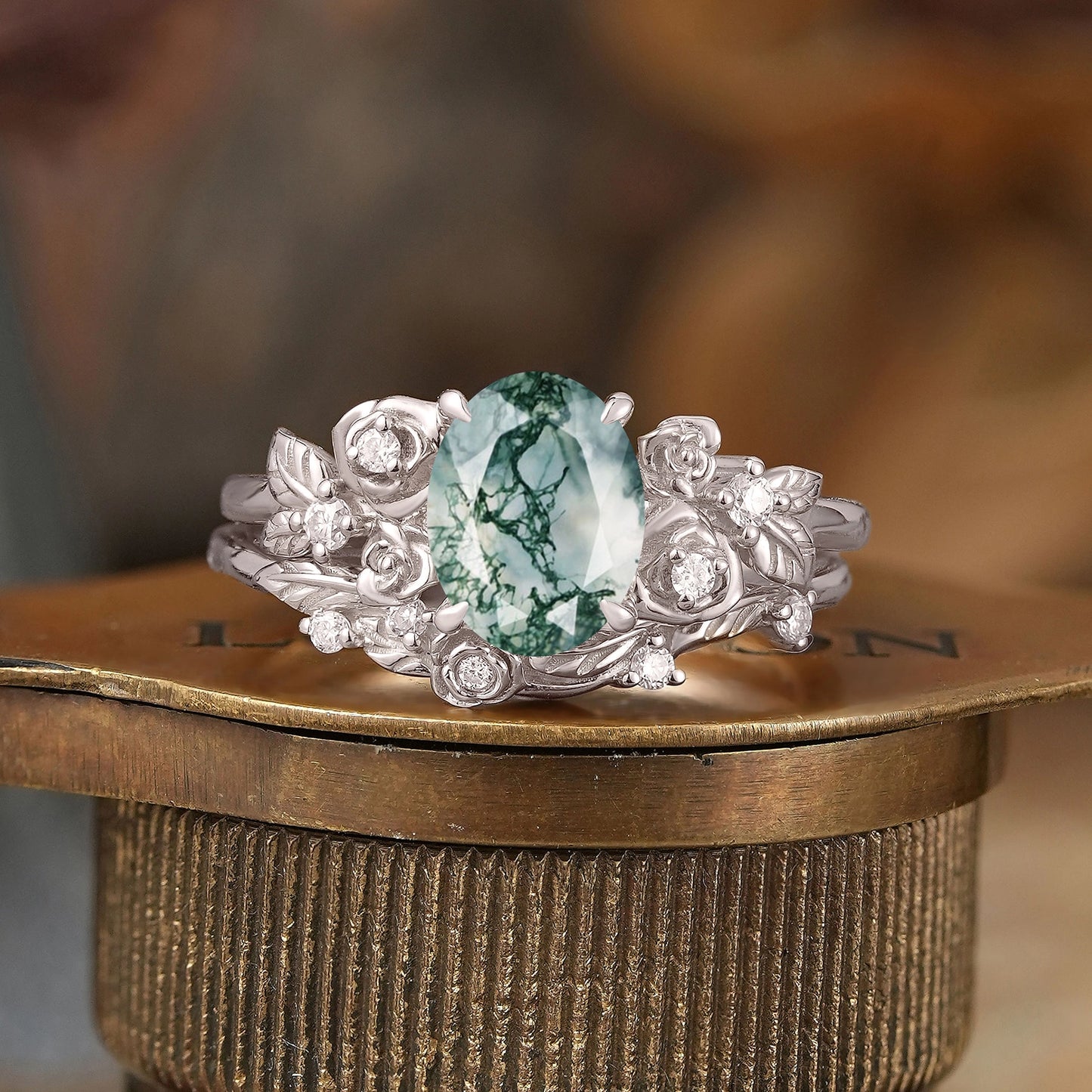Oval Cut Moss Agate Rose Blossom Inspired Bridal Ring Set
