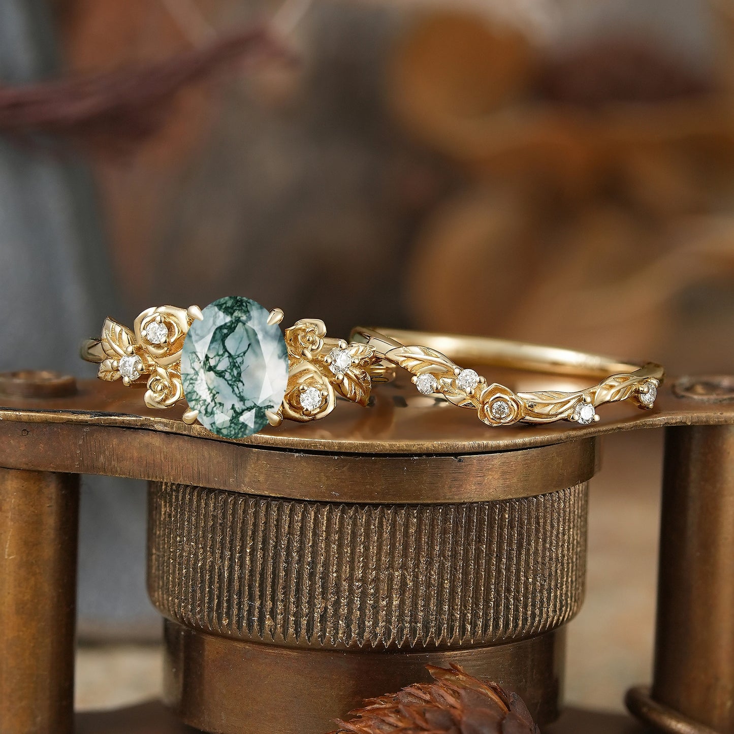 Oval Cut Moss Agate Rose Blossom Inspired Bridal Ring Set