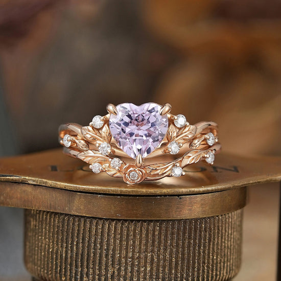 Heart-Shaped Lavender Sapphire Nature Inspired with Elegant Leaf Design Bridal Ring Set