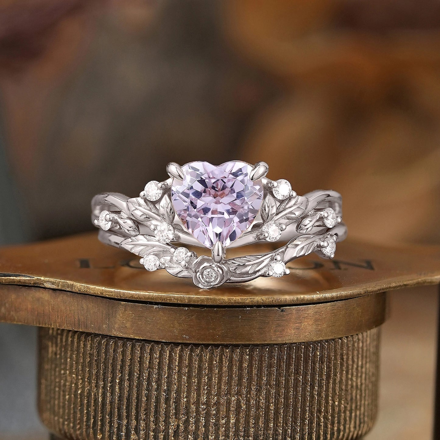 Heart-Shaped Lavender Sapphire Nature Inspired with Elegant Leaf Design Bridal Ring Set