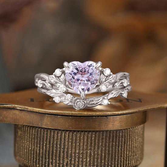 Heart-Shaped Lavender Sapphire Nature Inspired with Elegant Leaf Design Bridal Ring Set