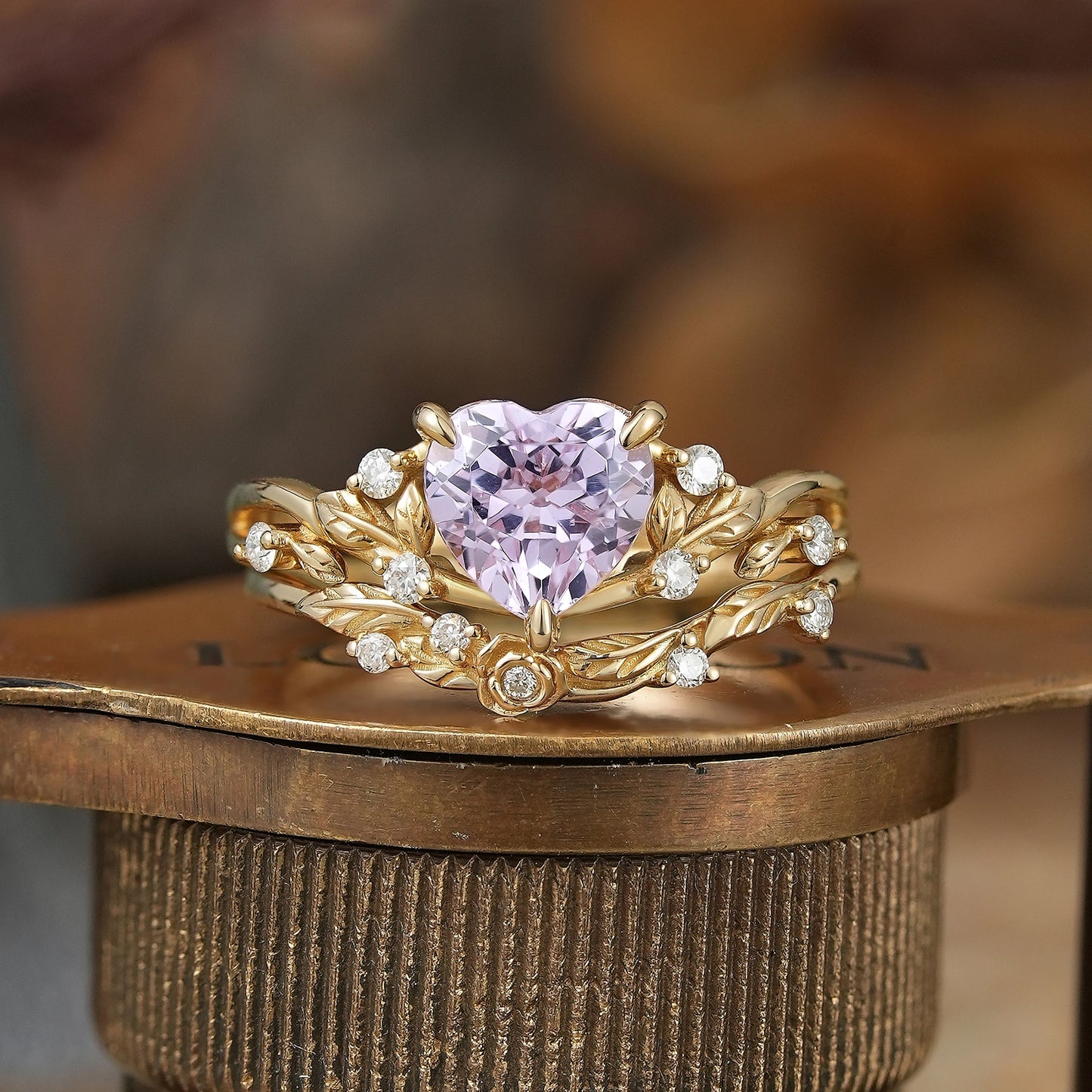 Heart-Shaped Lavender Sapphire Nature Inspired with Elegant Leaf Design Bridal Ring Set
