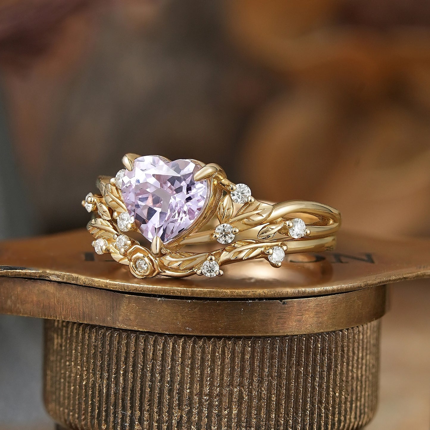 Heart-Shaped Lavender Sapphire Nature Inspired with Elegant Leaf Design Bridal Ring Set