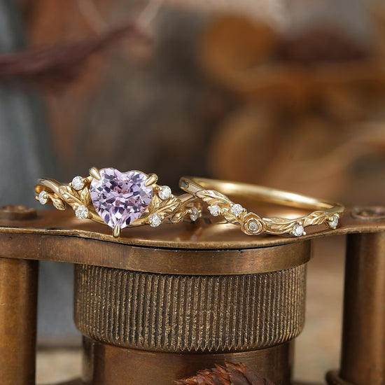 Heart-Shaped Lavender Sapphire Nature Inspired with Elegant Leaf Design Bridal Ring Set