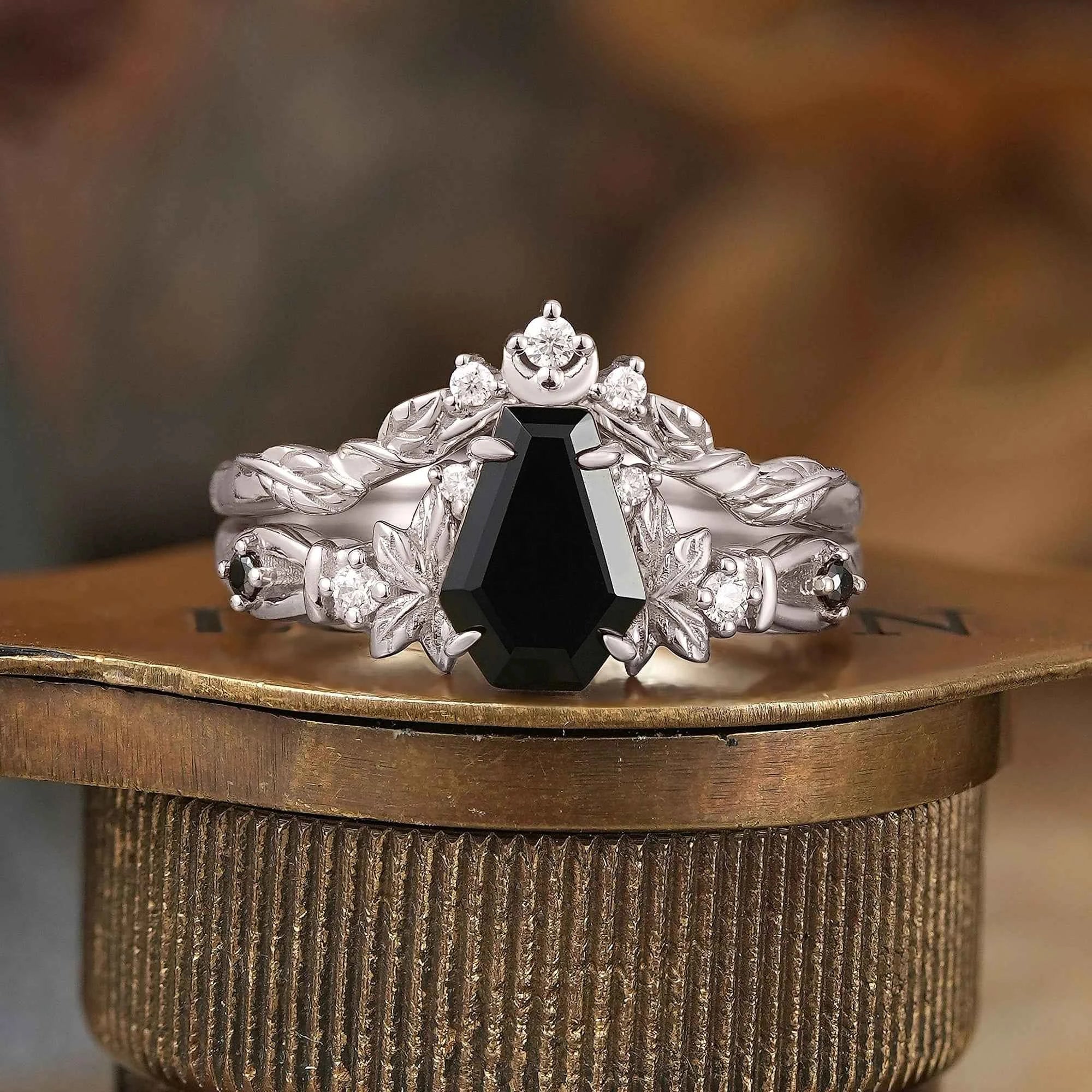 Coffin Cut Onyx Leaf And Moon Inspired Bridal Ring Set - Khaleesi