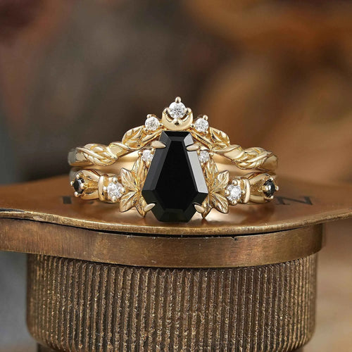 Coffin Cut Onyx Leaf And Moon Inspired Bridal Ring Set - Khaleesi