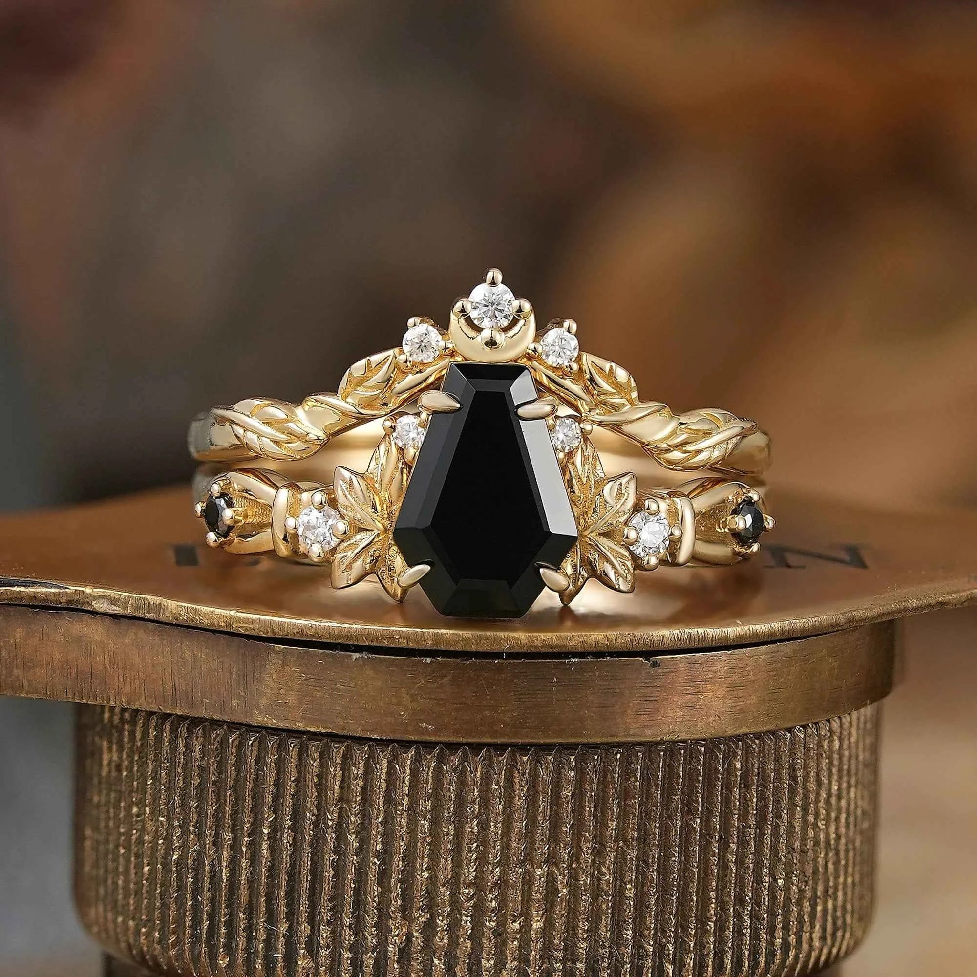 Coffin Cut Onyx Leaf And Moon Inspired Bridal Ring Set - Khaleesi