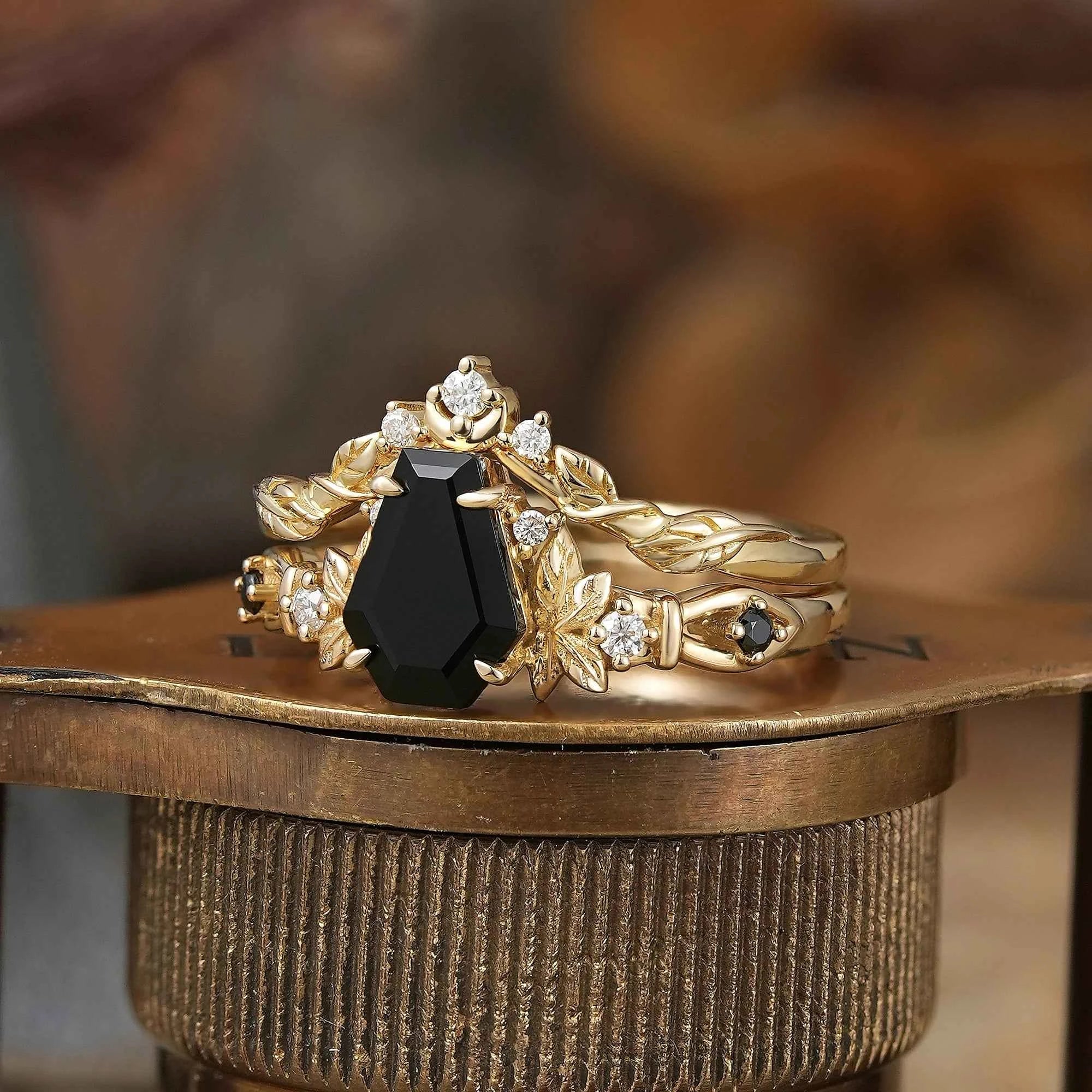 Coffin Cut Onyx Leaf And Moon Inspired Bridal Ring Set - Khaleesi