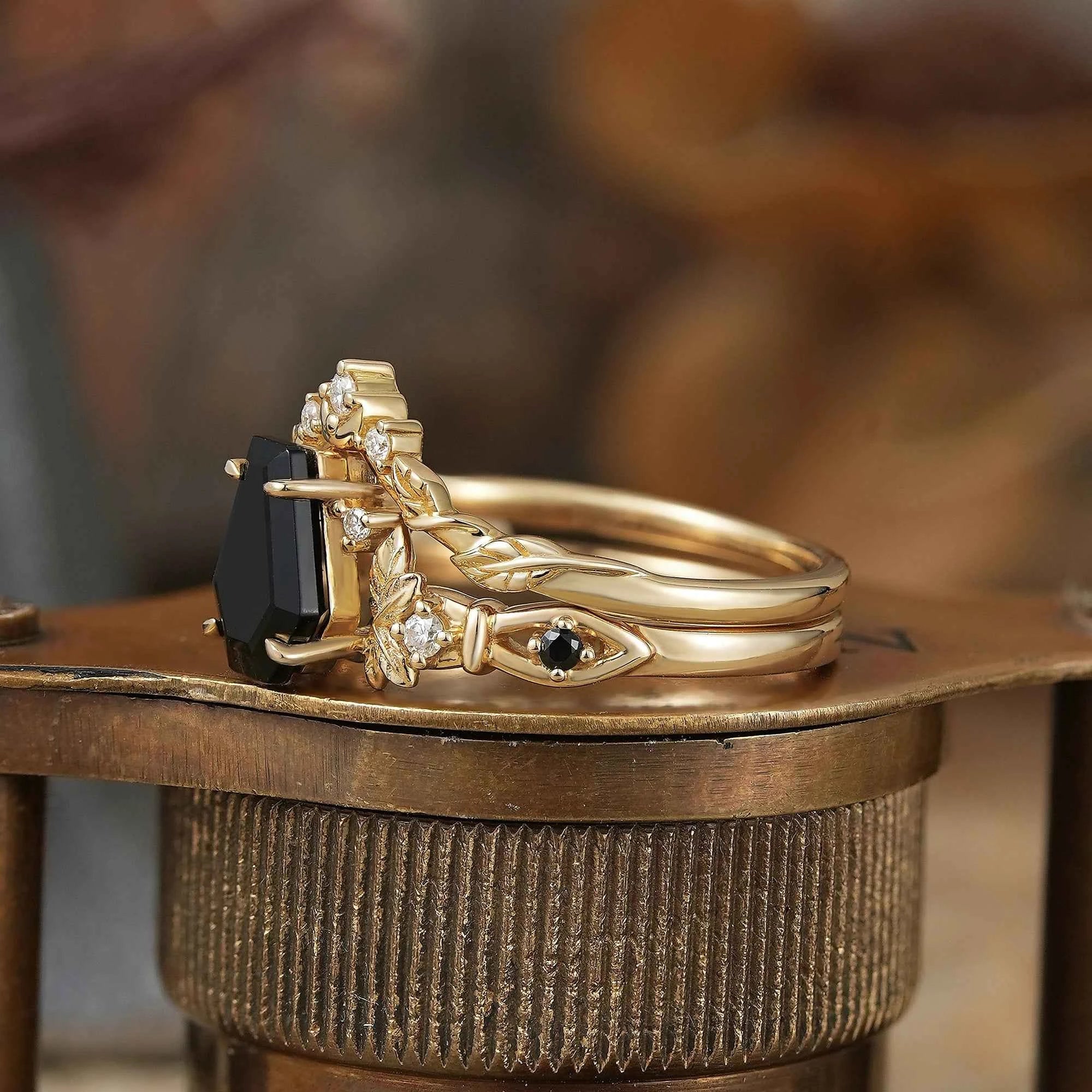 Coffin Cut Onyx Leaf And Moon Inspired Bridal Ring Set - Khaleesi