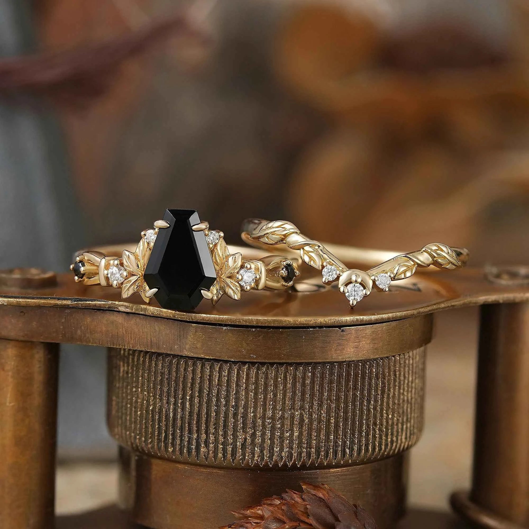 Coffin Cut Onyx Leaf And Moon Inspired Bridal Ring Set - Khaleesi