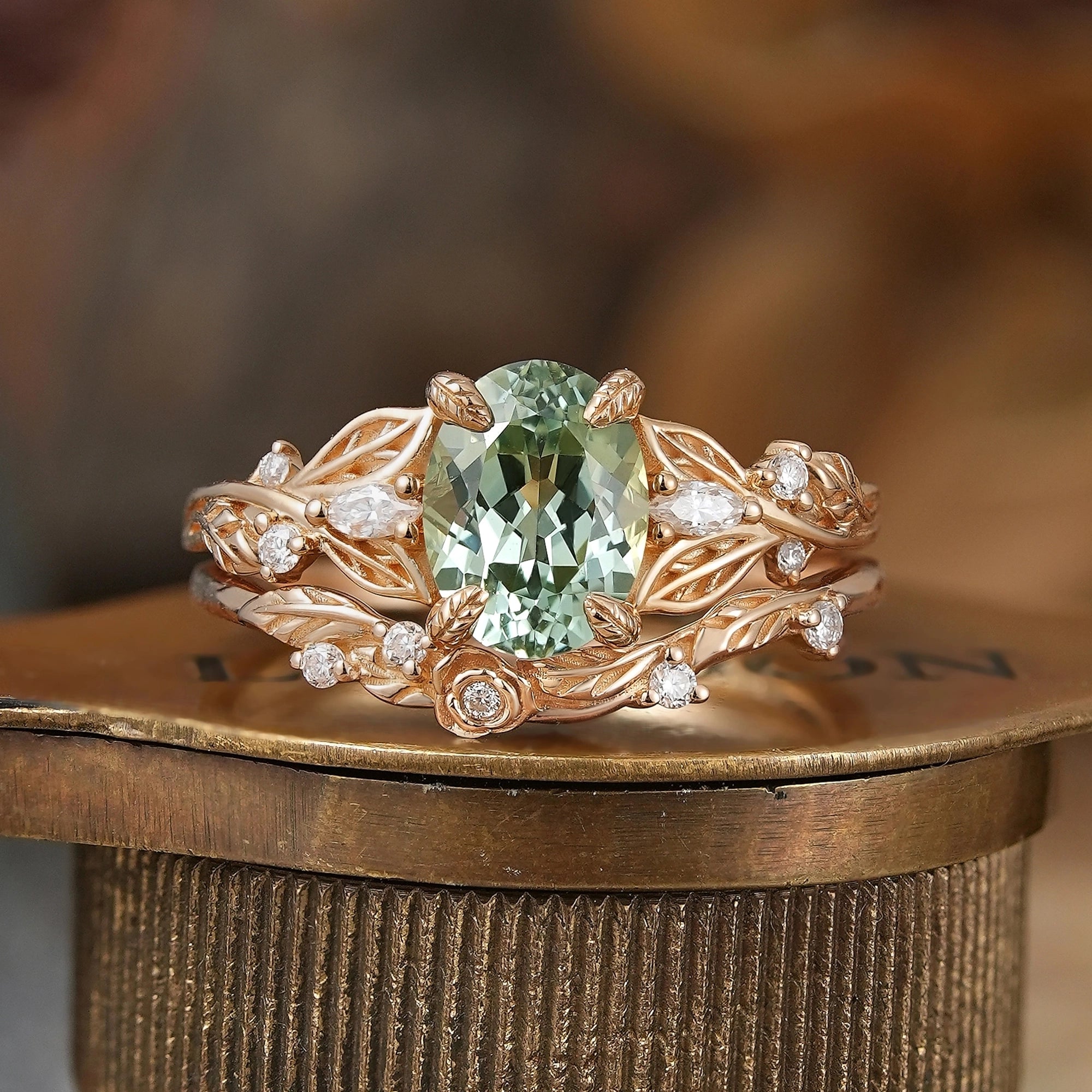 Oval Cut Green Sapphire Leaf And Flower Inspired Bridal Ring Set - Glinda