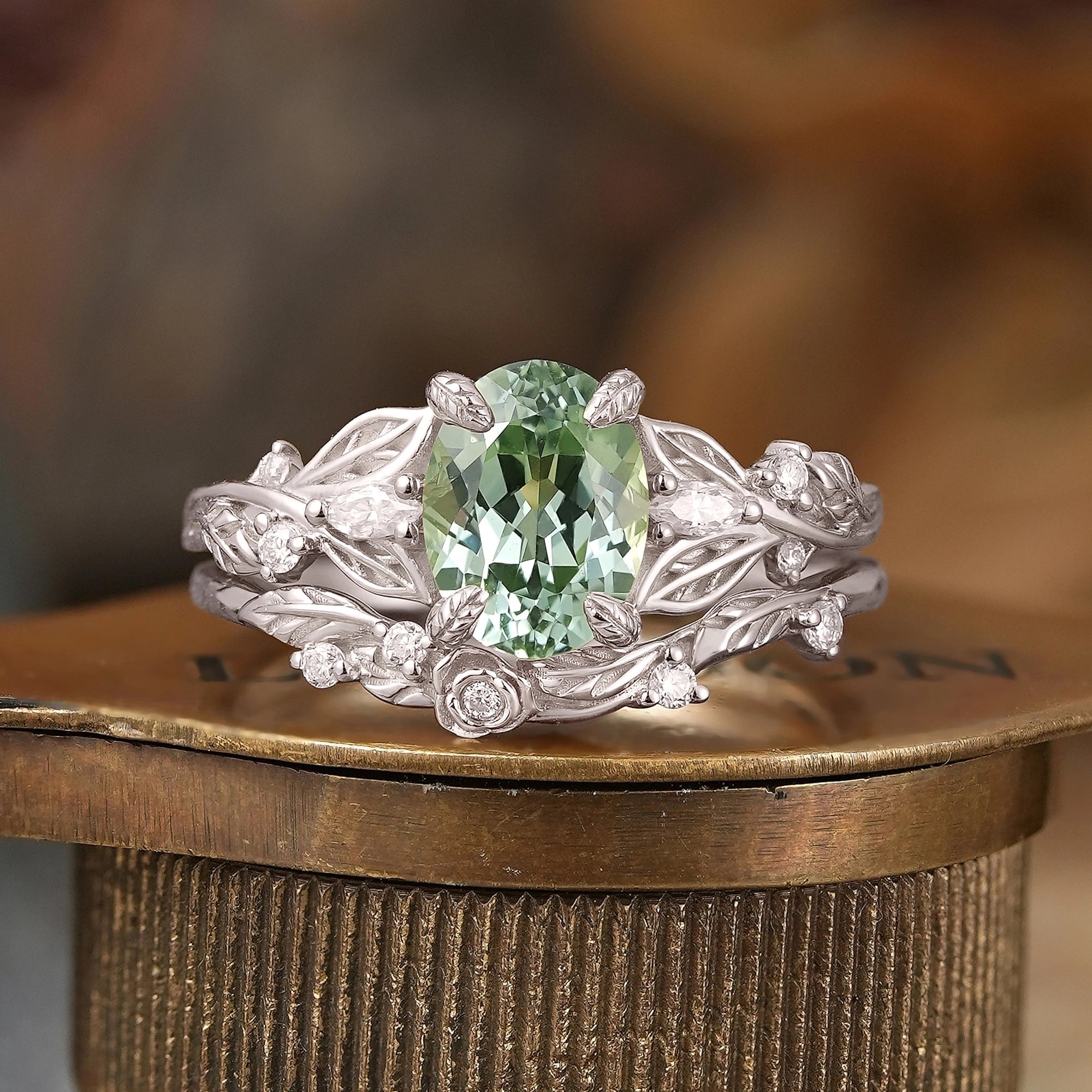 Oval Cut Green Sapphire Leaf And Flower Inspired Bridal Ring Set - Glinda