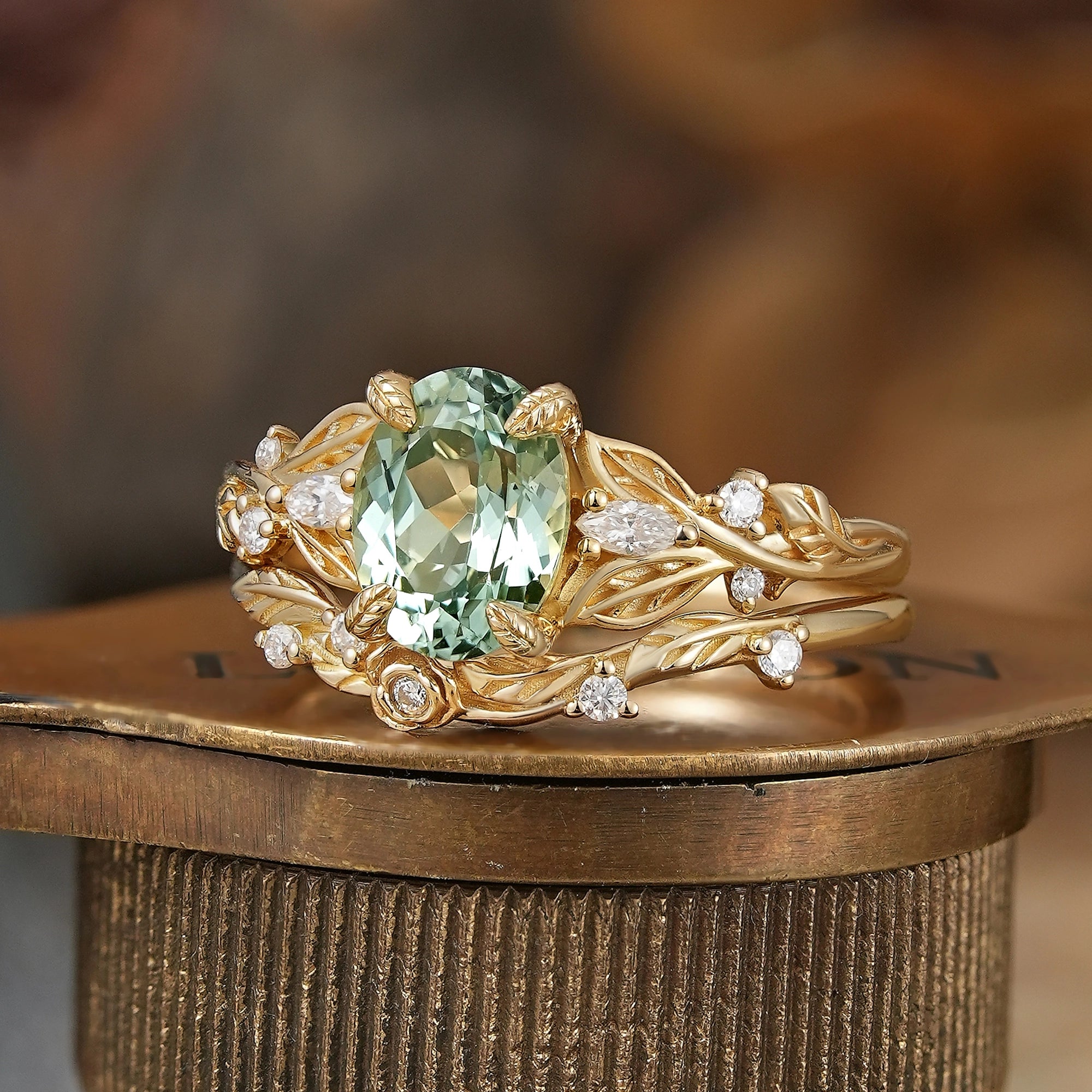 Oval Cut Green Sapphire Leaf And Flower Inspired Bridal Ring Set - Glinda