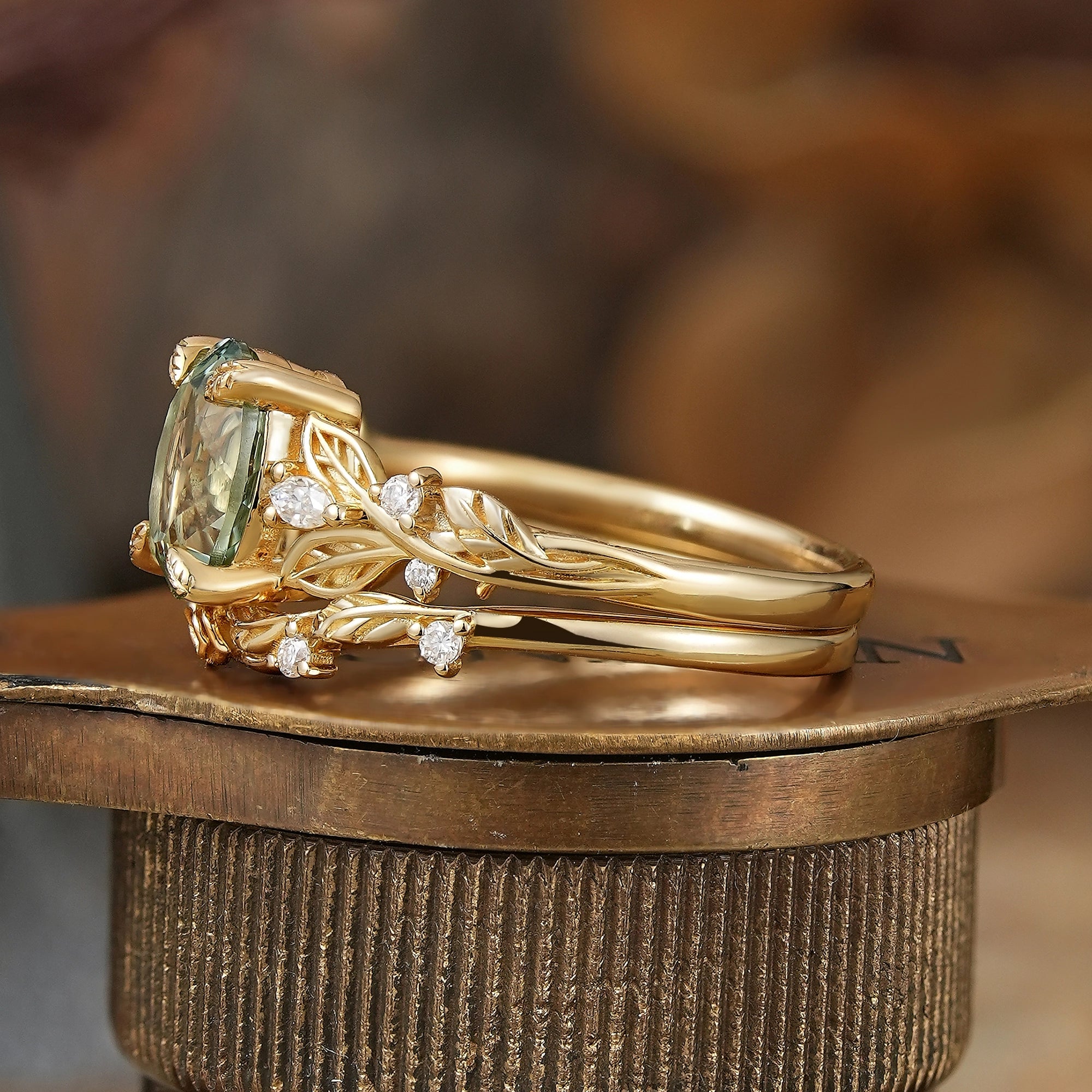 Oval Cut Green Sapphire Leaf And Flower Inspired Bridal Ring Set - Glinda