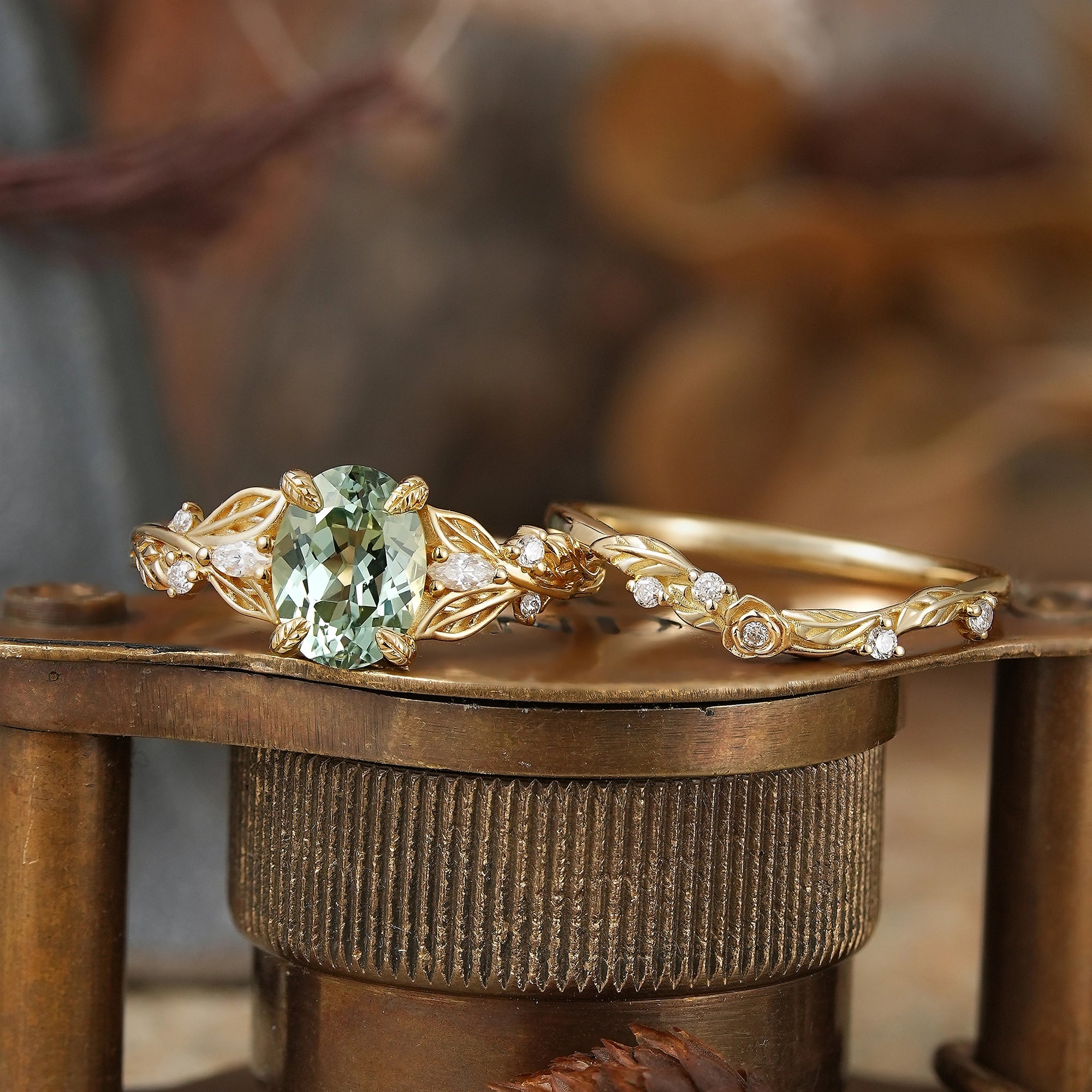 Oval Cut Green Sapphire Leaf And Flower Inspired Bridal Ring Set - Glinda