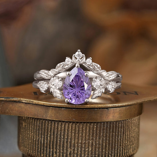 Pear Cut Purple Sapphire Sparkle Cut Leaf And Moon Inspired Bridal Ring Set