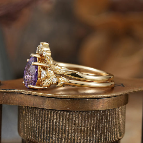 Pear Cut Purple Sapphire Sparkle Cut Leaf And Moon Inspired Bridal Ring Set