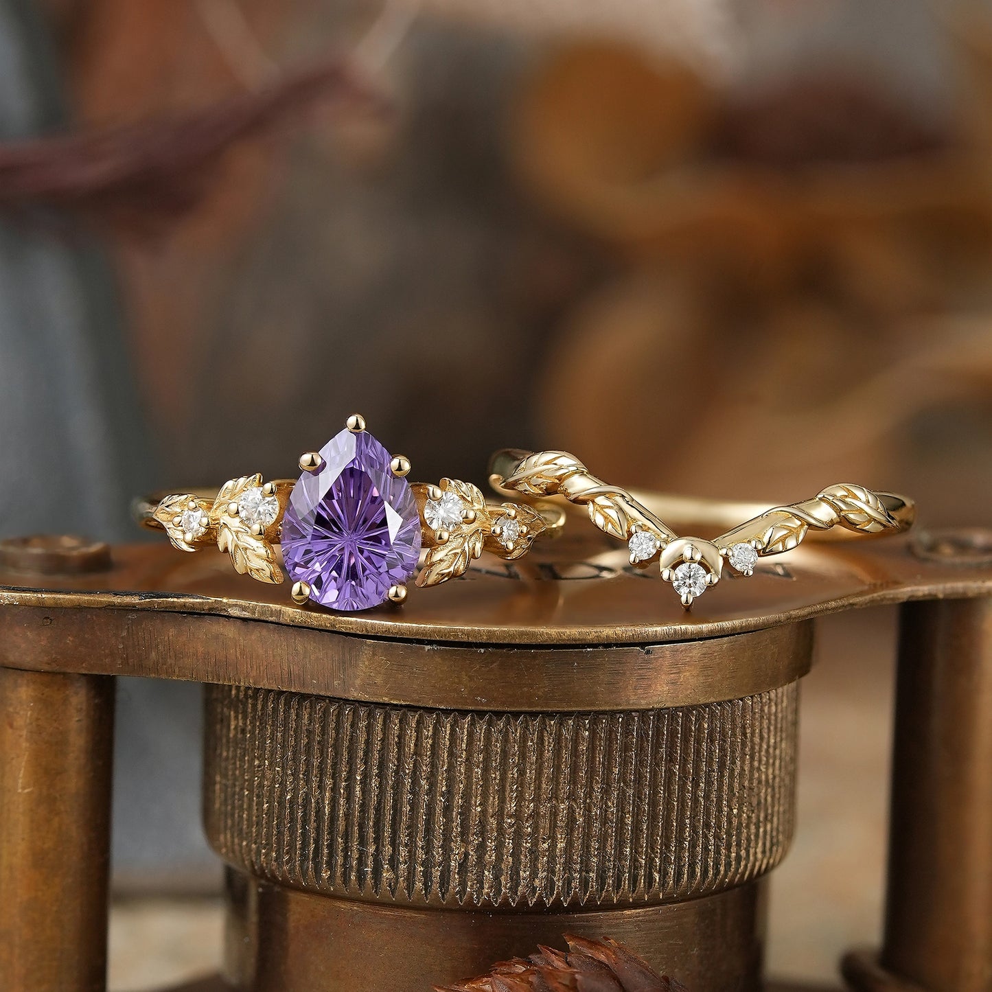 Pear Cut Purple Sapphire Sparkle Cut Leaf And Moon Inspired Bridal Ring Set