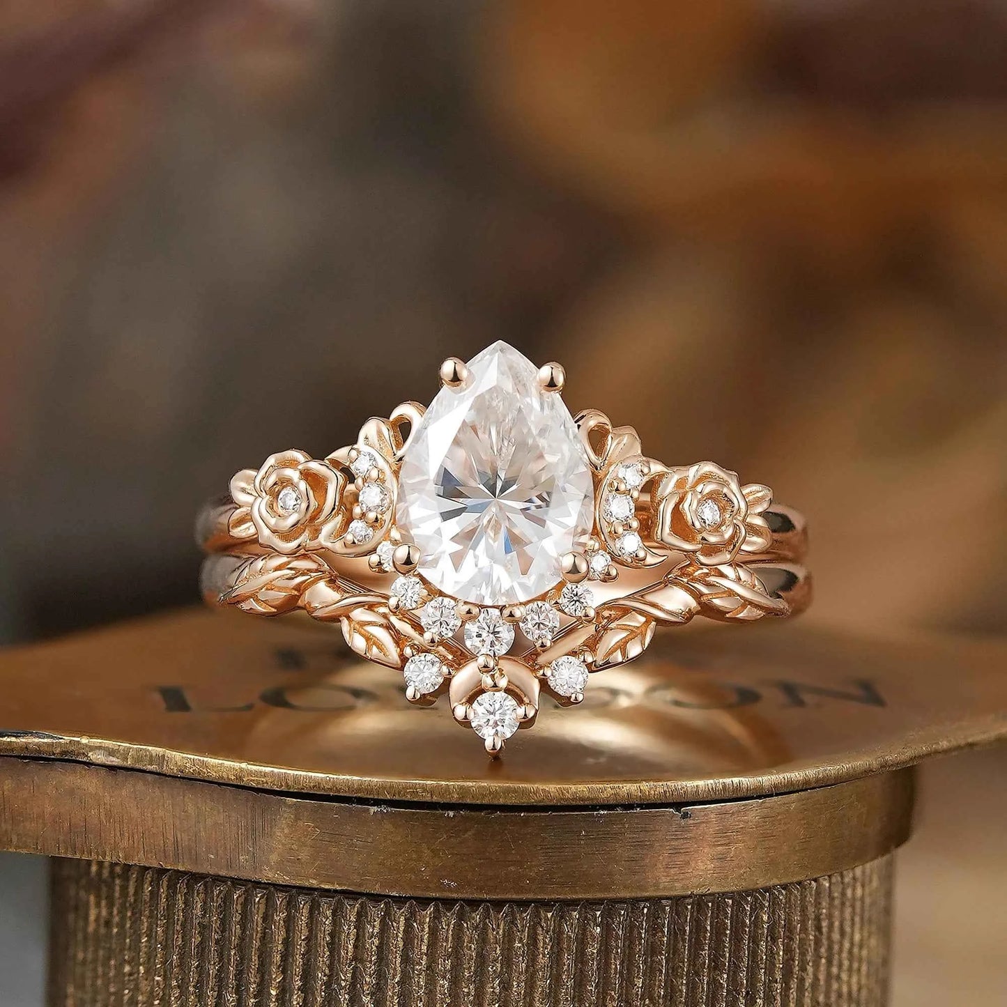 Pear Cut Moissanite Moon And Flower Inspired Bridal Ring Set