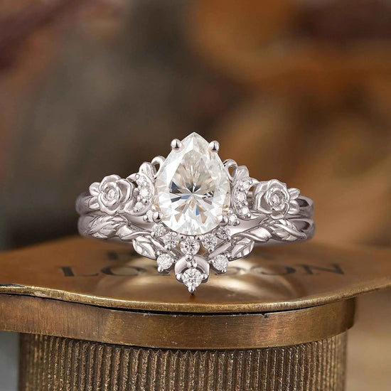 Pear Cut Moissanite Moon And Flower Inspired Bridal Ring Set